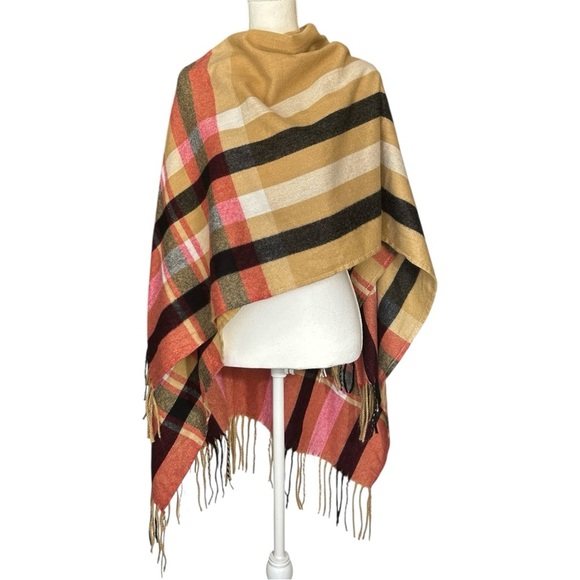 WOOLRICH Justine Cozy Blanket Wrap Scarf OSFA Fall Shawl Red Tan Plaid Fringe - Picture 4 of 4